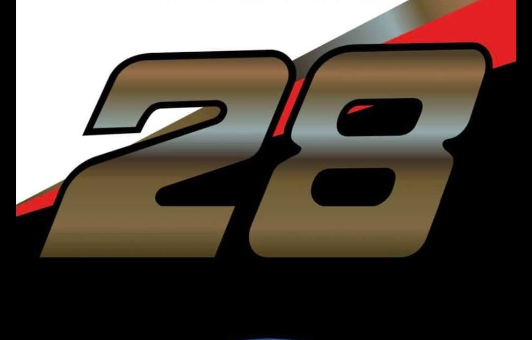 Metallic gold 28 over a red and white stripe